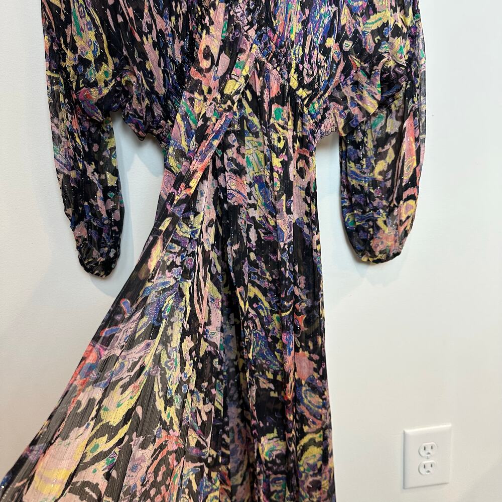 IRO Paris Ramona Dress Ruffle Trimmed Metallic Printed Chiffon Midi 40 - Picture 7 of 11